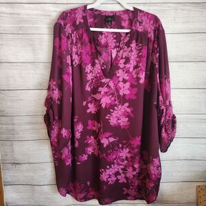 Worthington Tunic 5X Plus Purple Floral Boho Flowy Blouse Romantic Chic Top